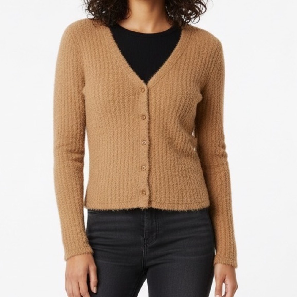 Hollister Camel Brown Fuzzy Soft Cardigan Sweater Small Cozy‎ Soft